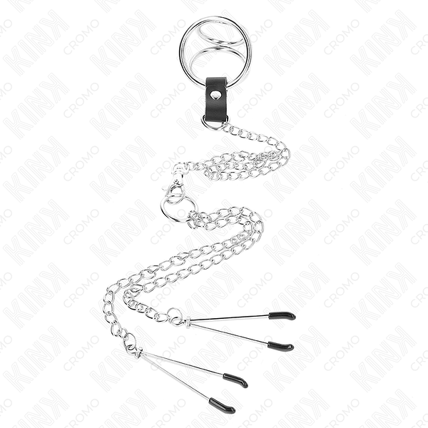 img_193466_18da5036c761cd833e82ddba7ec99d21_1.png KINK - TRIPLE CHROME METAL PENIS RING 3.8 CM TO 5 CM WITH 26 CM METAL CHAIN AND NIPPLE CLAMPS MODEL 2
